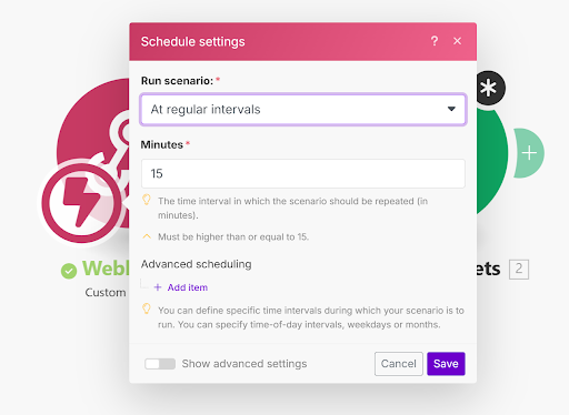 Configure the run frequency within a Make workflow.