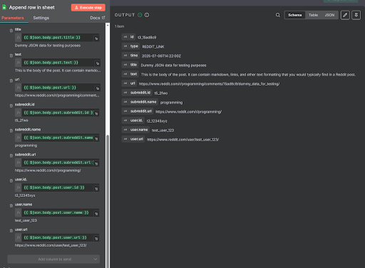 Clicking execute step to add a row to a Google Sheet.